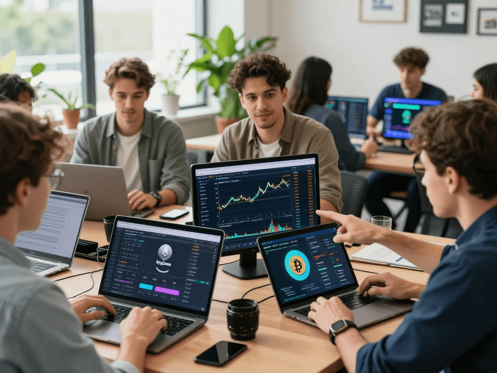 Kyber-swap traders collaborating in a modern co-working space, analyzing market trends with laptops and tablets.