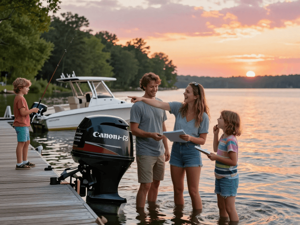 Family inspecting a used outboard motor for sale at lakeside during sunset, capturing excitement for boating.