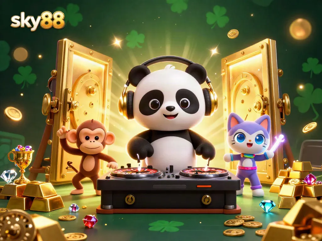 Celebrate excitement with sky88 as a DJ panda spins, flanked by lively characters in a vibrant casino scene.