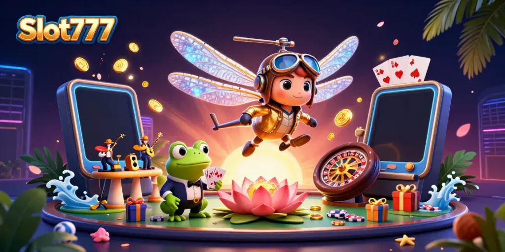 Experience exciting Slot777 gameplay with vibrant casino characters and dynamic game elements.
