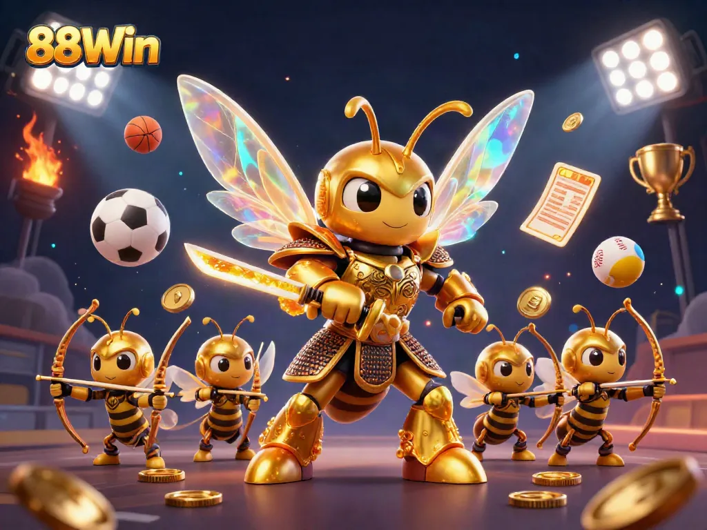 Experience the thrilling action of 88Win with a golden hornet samurai and sports elements in this vibrant illustration.