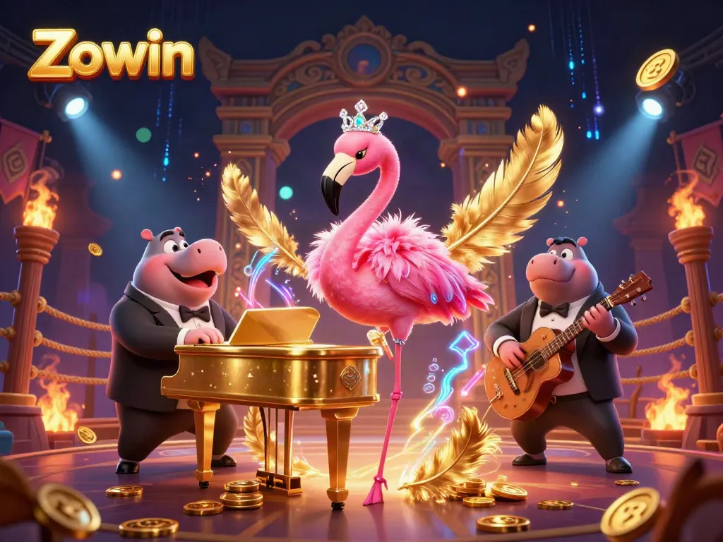 Zowin flamingo singer and hippo bassist performing in a vibrant casino scene filled with gold coins and bokeh lights.