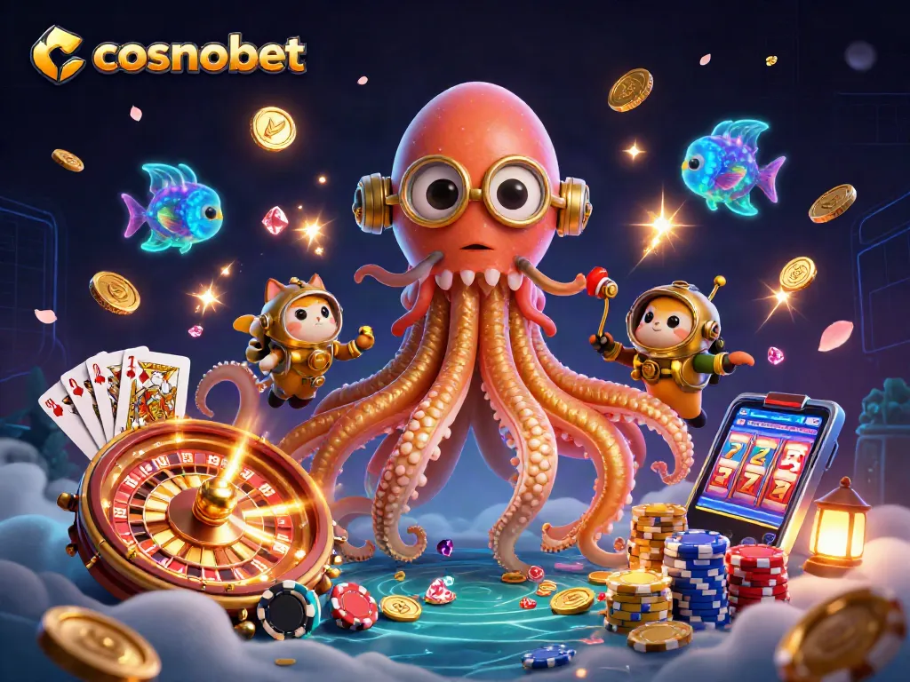 Players winning at cosmobet with a magical casino scene filled with games and treasures.