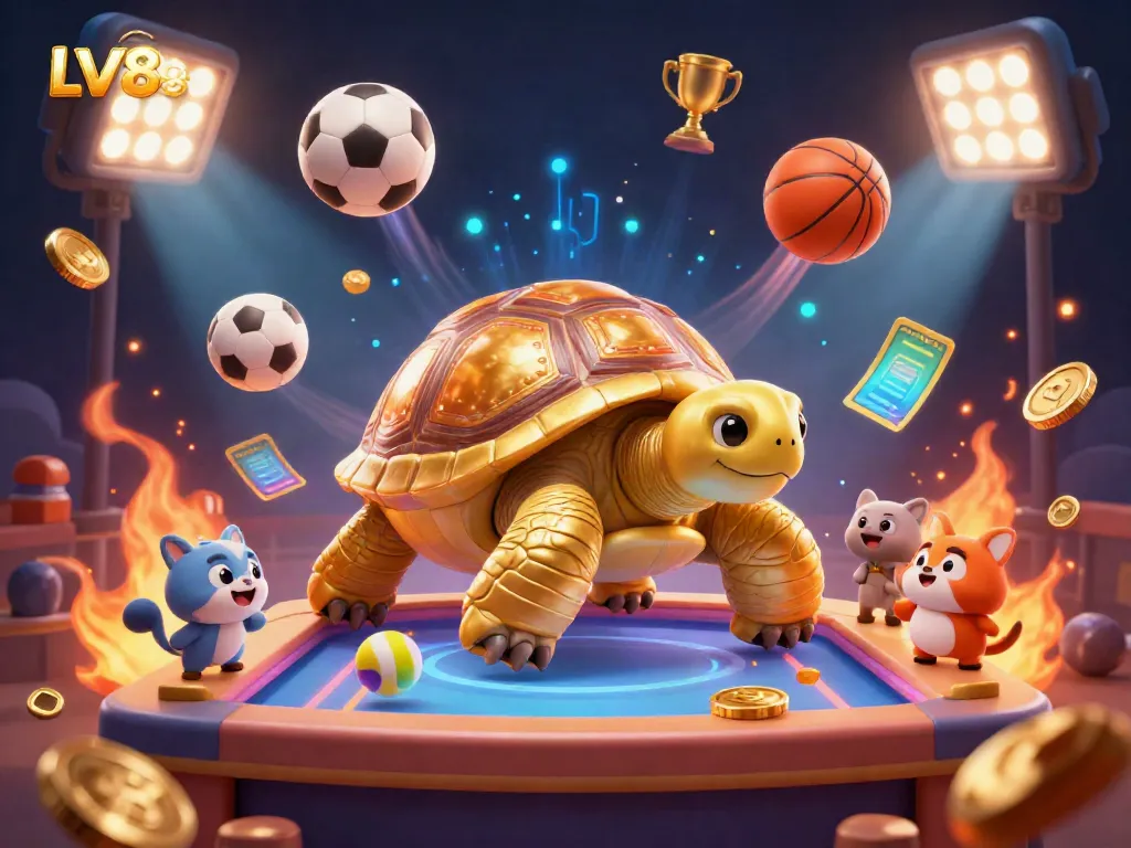Engage with LV88, a vibrant 3D illustration showcasing a golden tortoise pinball machine amidst flying sports elements.