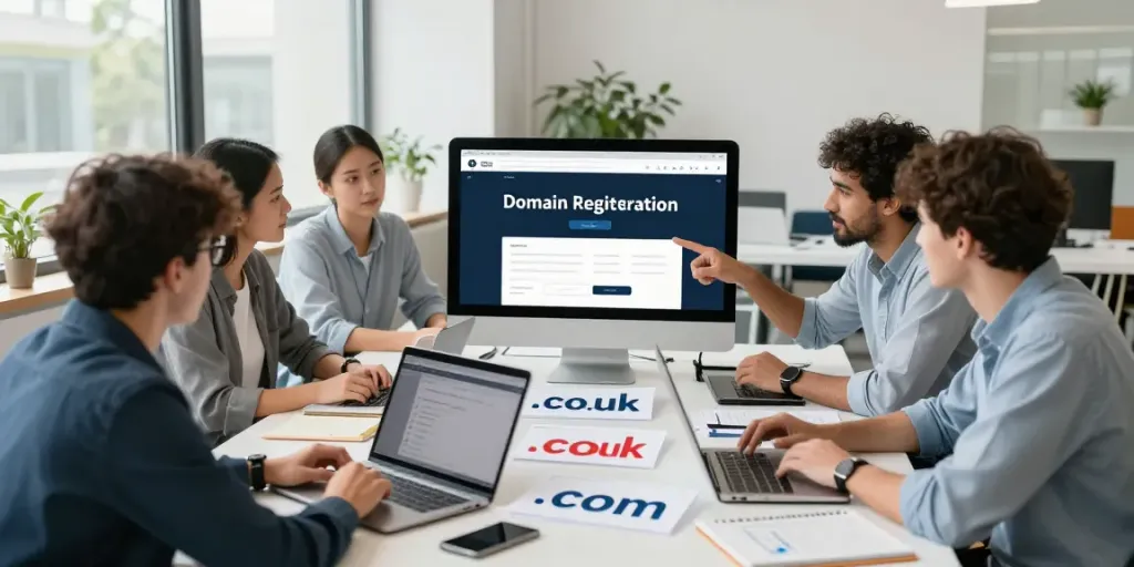 Collaborative team discussing how to buy domain without hosting in a modern office.