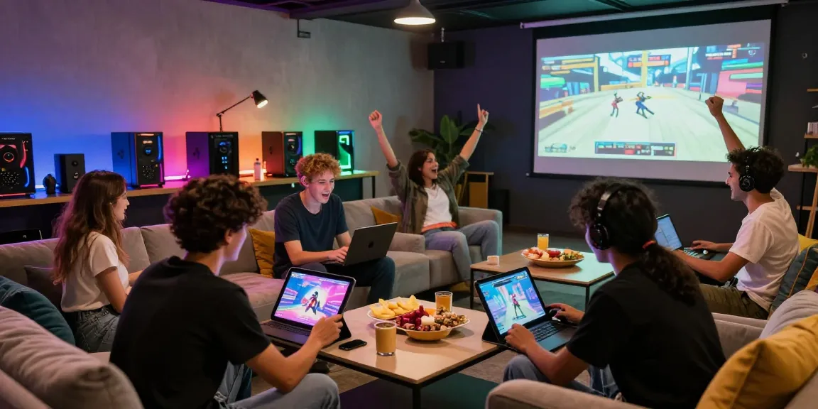 Friends enjoying a hentai game session in a vibrant gaming lounge.