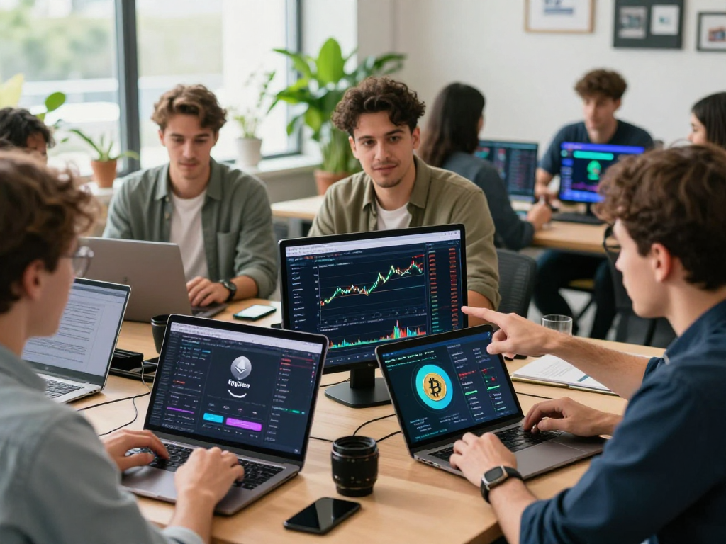Kyber-swap traders collaborating in a modern co-working space, analyzing market trends with laptops and tablets.