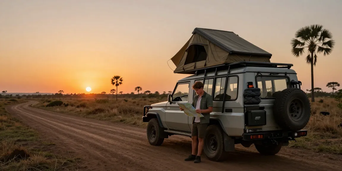Rental car Uganda parked on a scenic road with sunset colors, showcasing adventure and exploration.
