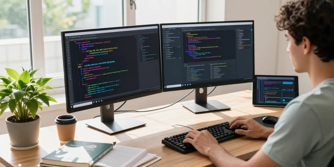 Developer using an AI code generator at a dual-screen setup with coffee and coding materials.