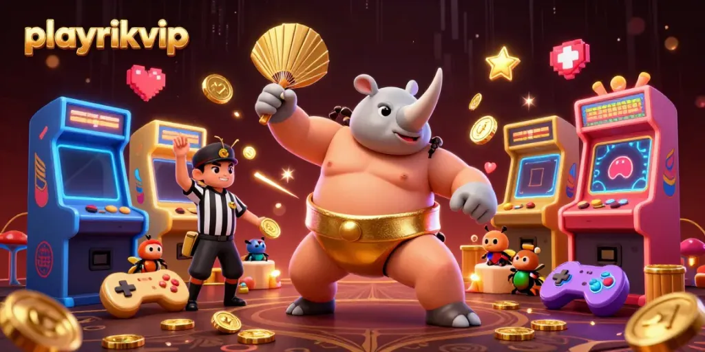 Experience thrilling gameplay at playrikvip with a vibrant 3D illustration of casino-themed elements.