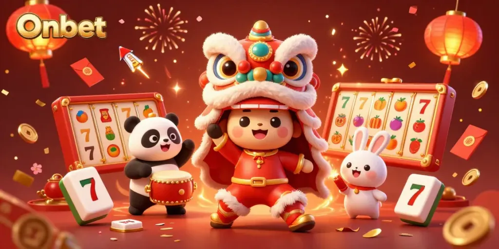 Experience thrilling gameplay with Onbet's vibrant Chinese New Year casino art featuring lively characters and rich decorations.