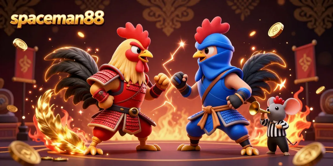 Experience the excitement of spaceman88 with intense cartoon rooster battles in a vibrant casino arena.