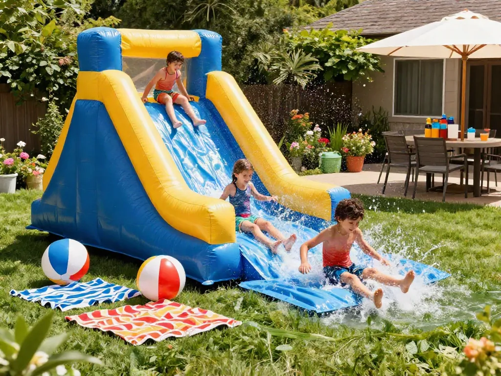 Children sliding in the water on a vibrant inflatable water slide during summer fun in the garden.
