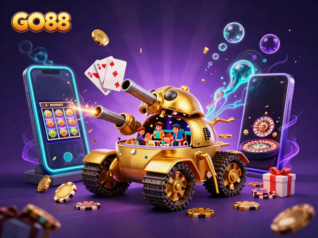 Experience GO88 excitement with a golden beetle tank revealing a miniature casino.