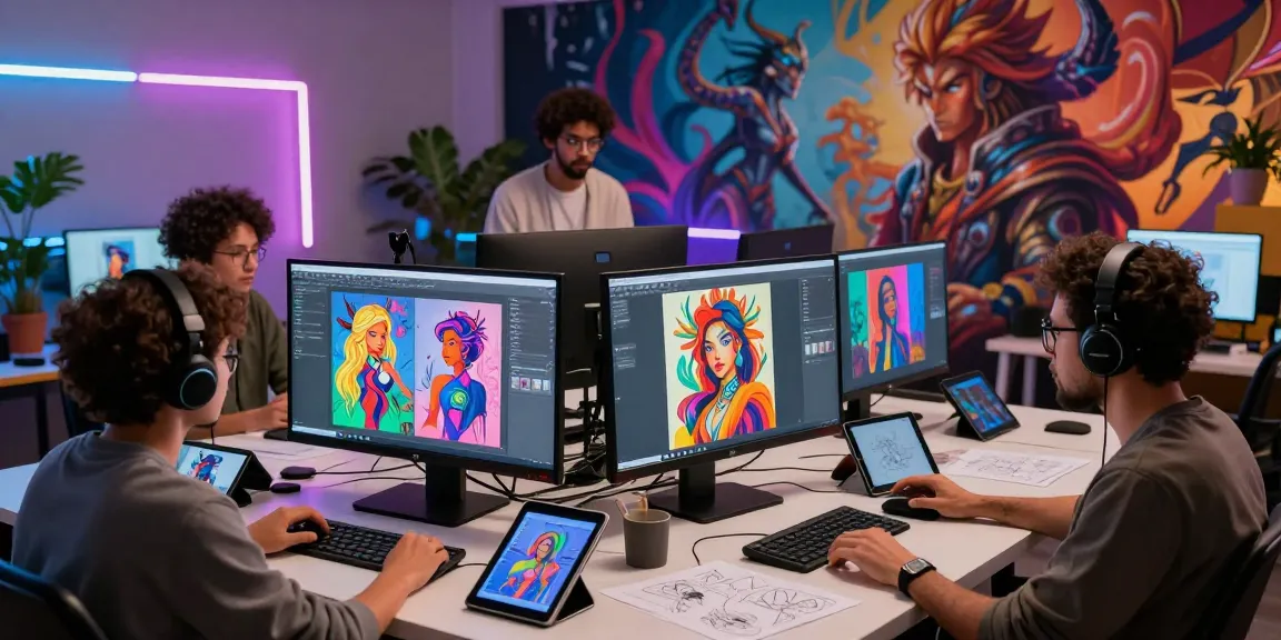 Collaborative team exploring NSFW AI creative art in a vibrant studio.