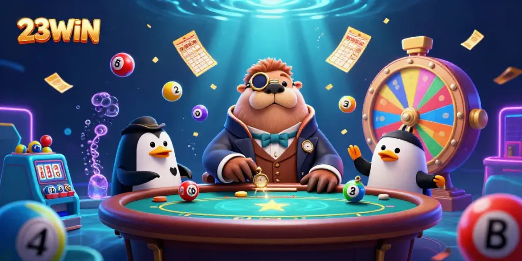 Experience the excitement of 23WIN with a vibrant underwater poker scene featuring a walrus, penguin dealer, and a bluffing pufferfish.