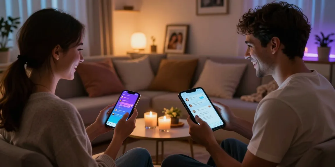A couple enjoying an AI sex chat on their devices in a cozy, intimate setting.