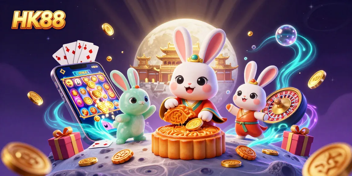 Experience the thrill of HK88 with the moon rabbit, slot games, and golden casino treasures.