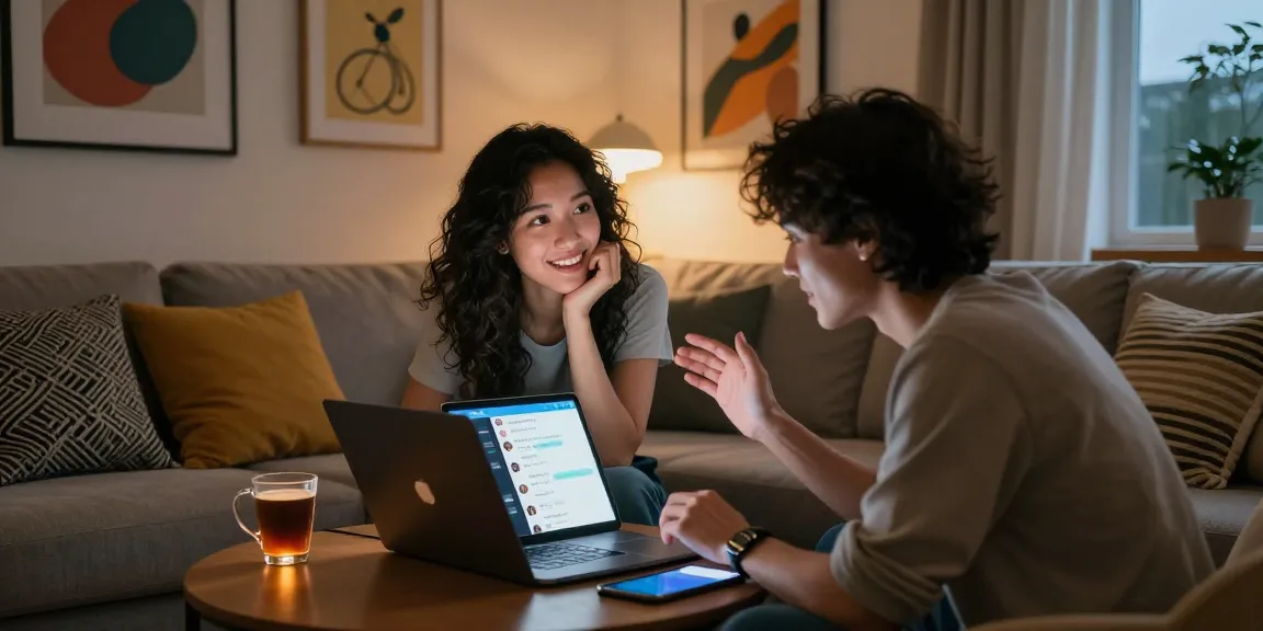 Engaging in ai sex chat on a sleek laptop in a cozy living room setting.