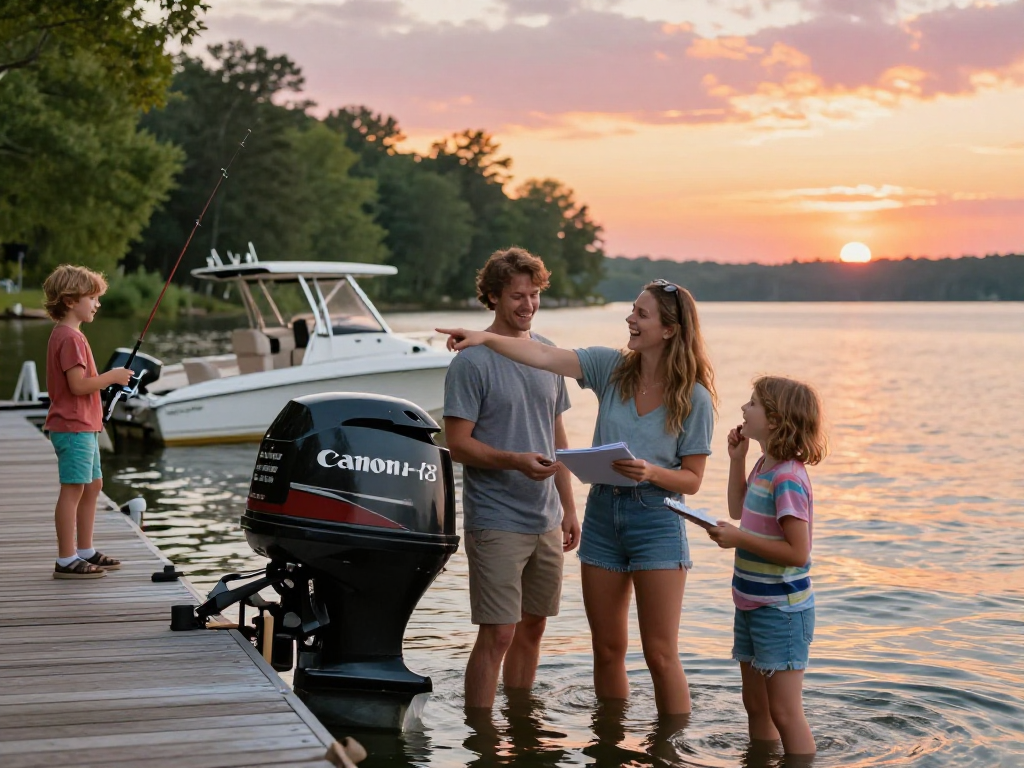 Family inspecting a used outboard motor for sale at lakeside during sunset, capturing excitement for boating.