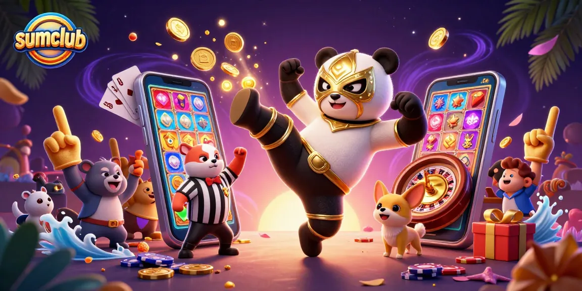 Experience thrilling gaming action at sumclub with playful characters and vibrant casino elements.