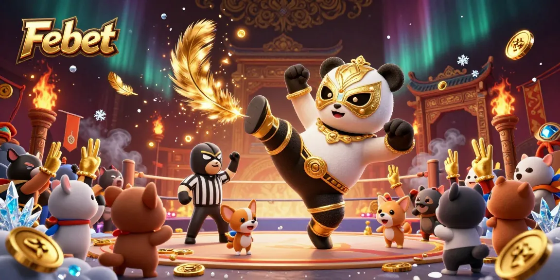Febet showcases a vibrant gambling scene with a wrestling panda and cheering animals in a dynamic casino setting.