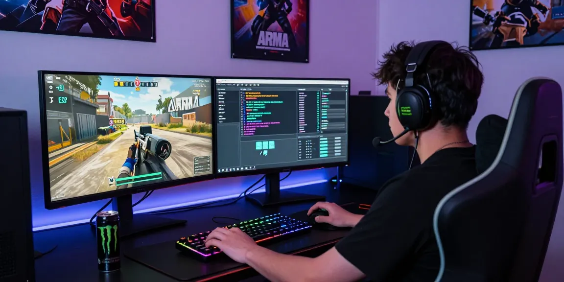 Gamer using ArmA 3 Hacks with a dual-monitor setup featuring vibrant graphics and cheat menu.