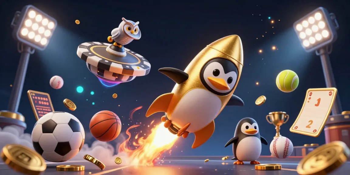 Experience the thrill of "sunwin" through a dynamic 3D scene showcasing a golden penguin on a casino adventure filled with golden coins and sports elements.