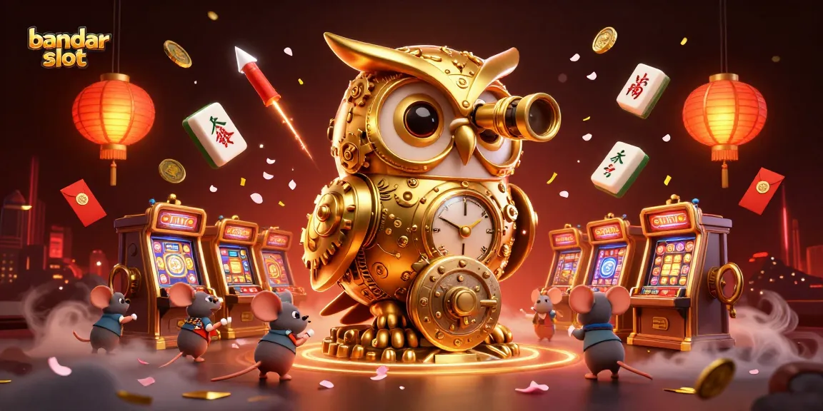 Experience thrilling bandar slot action with a lively casino scene featuring animated characters and festive symbols.