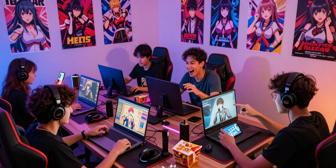 Players enjoying ecchi games in a lively gaming setup with multiple devices and colorful accessories, showcasing excitement and community.
