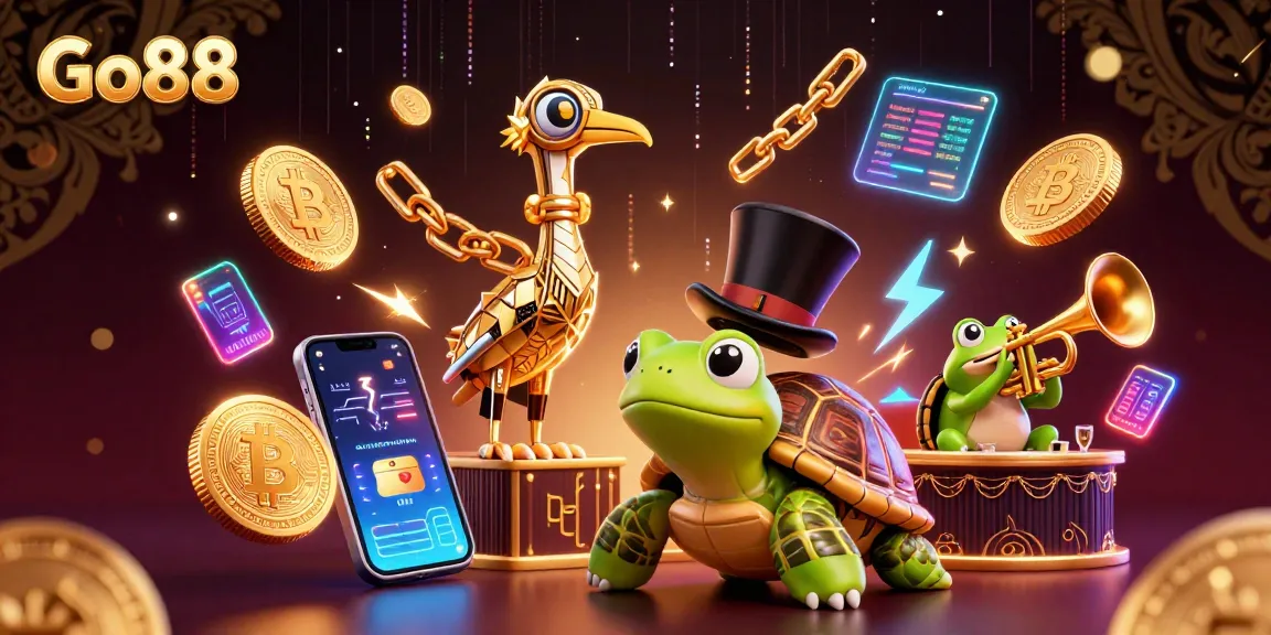 Play games and win at Go88 with a vibrant casino atmosphere featuring fun characters and crypto elements.