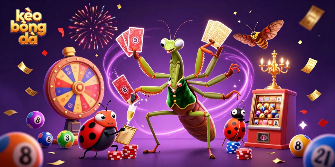 Experience kèo bóng đá with a dynamic scene of a giant mantis card sharp and a ladybug pit boss celebrating amidst lottery elements.