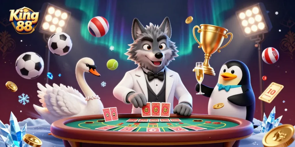 Experience the excitement of King 88 with a vibrant 3D illustration of a wolf, swan, and penguin at a baccarat table.