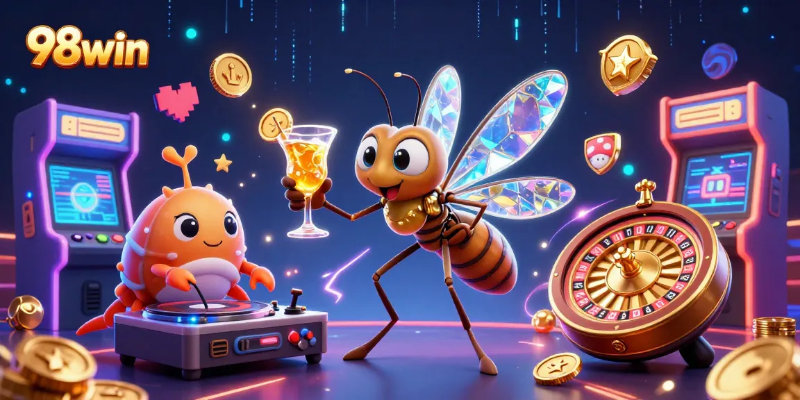 Engage with 98win's vibrant casino experience through a dynamic 3D illustration featuring classic gaming elements.