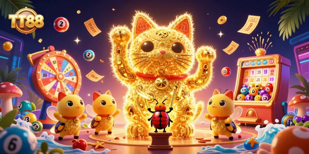 Join the excitement at TT88 with colorful lottery balls and a giant lucky cat symbolizing winnings in this vibrant casino scene.