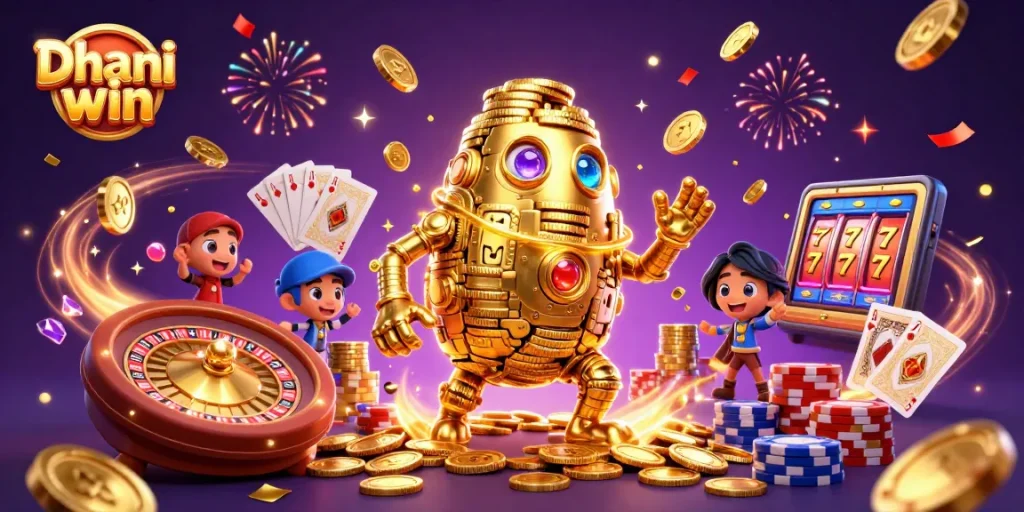 Dhani win showcases a vibrant 3D casino scene featuring a golden golem and exciting games.