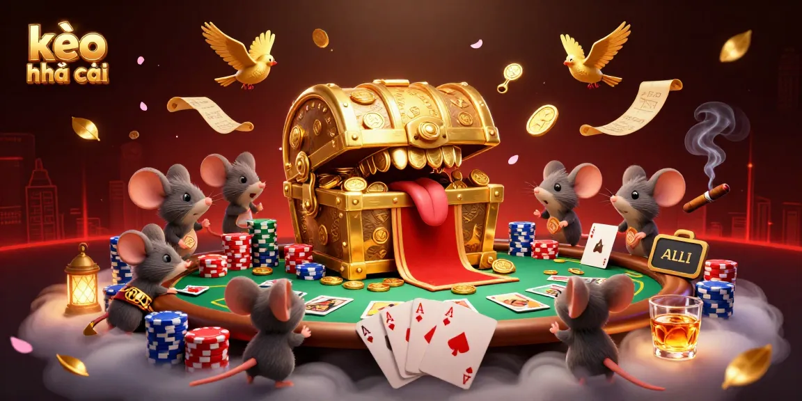 Engaging kèo nhà cái illustration depicting a treasure chest with golden coins, poker elements, and vibrant details.