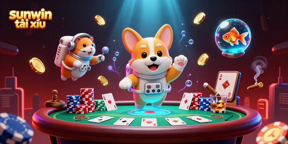 Engage in exciting sunwin tài xỉu gameplay with a dynamic scene featuring an astronaut corgi and poker elements.