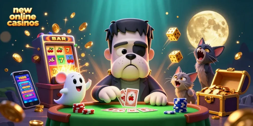 Engage with thrilling new online casinos, featuring a lively 3D scene with characters and gaming elements.