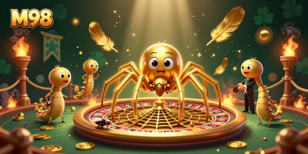 Bet a winning strategy in M98's vibrant casino scene with a golden spider and centipede croupier.