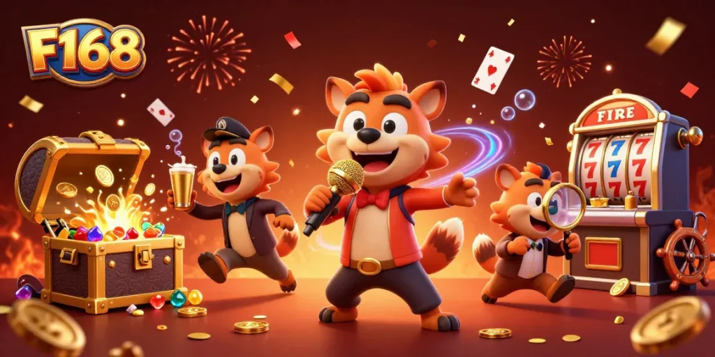 F168 hyena casino characters entertain while players enjoy slots and jackpots in a vibrant atmosphere.